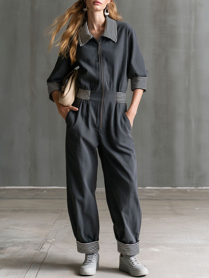 Casual Retro Striped Ribbed Zipper Dark Gray Long-sleeved Jumpsuit
