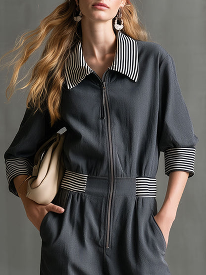 Casual Retro Striped Ribbed Zipper Dark Gray Long-sleeved Jumpsuit