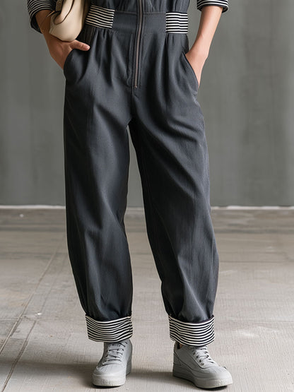 Casual Retro Striped Ribbed Zipper Dark Gray Long-sleeved Jumpsuit