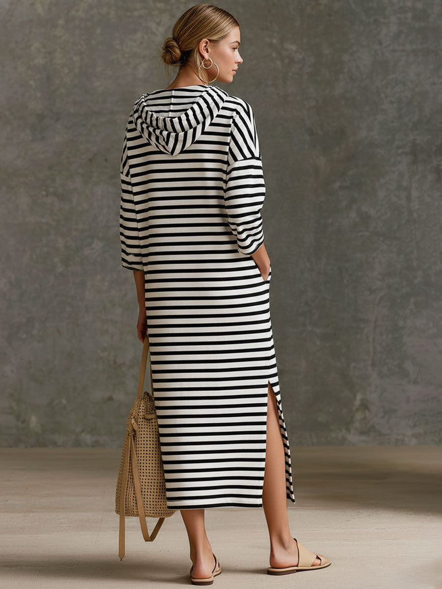 Casual Sporty Retro Black And White Striped Pure Cotton Hooded Midi Dress