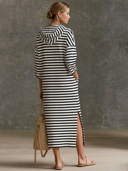 Casual Sporty Retro Black And White Striped Pure Cotton Hooded Midi Dress