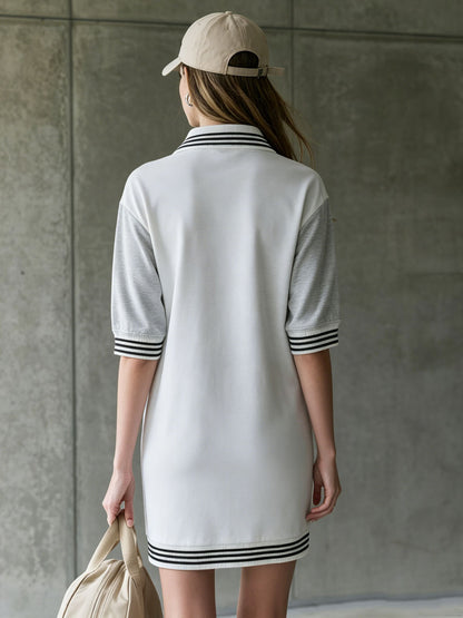 Casual Sporty Retro Striped Gray And White Color-blocked Mid-sleeve Mini Dress
