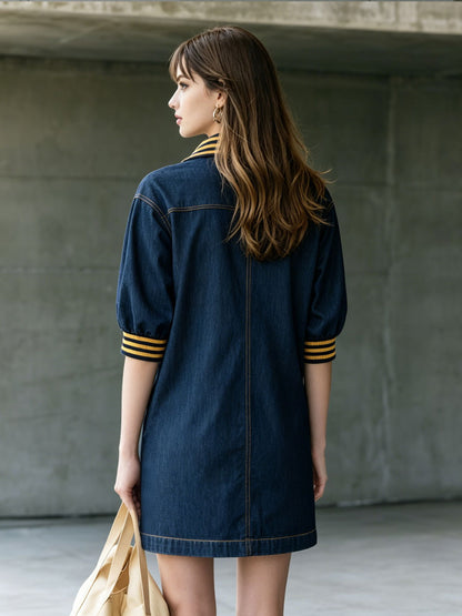 Casual Retro Striped Ribbed Mid-sleeve Dark Blue Denim Mini Dress