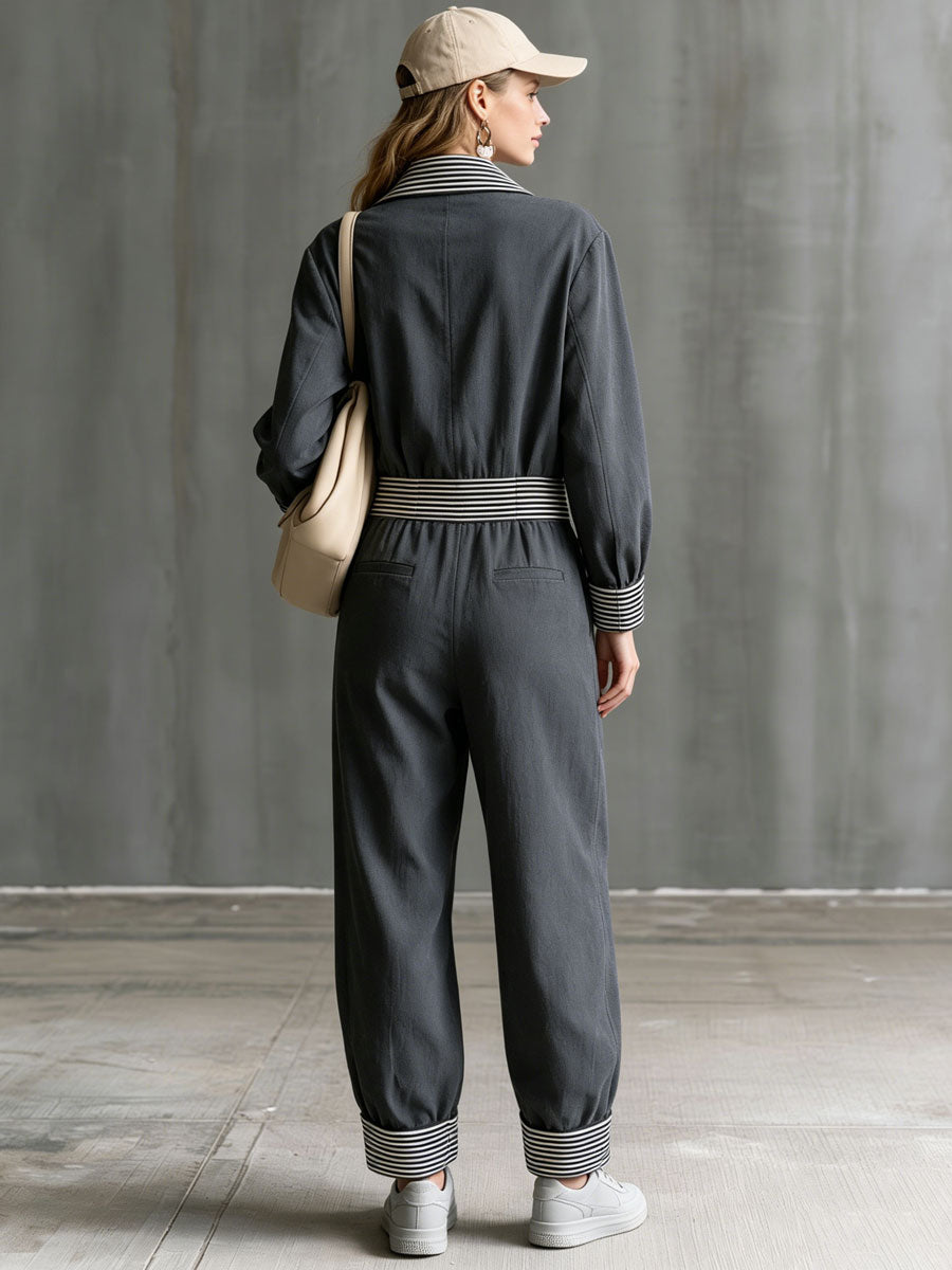 Casual Retro Striped Ribbed Zipper Dark Gray Long-sleeved Jumpsuit