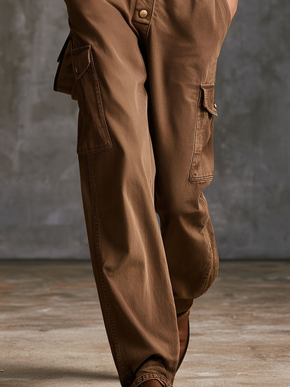 Stylish Retro Brown Collared Long-Sleeved Single-Breasted Denim Jumpsuit