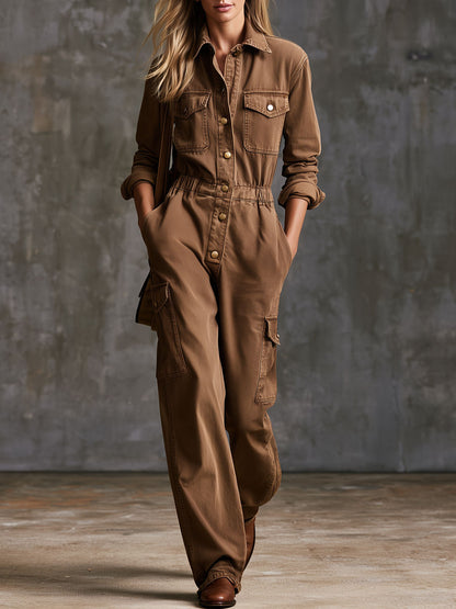 Stylish Retro Brown Collared Long-Sleeved Single-Breasted Denim Jumpsuit