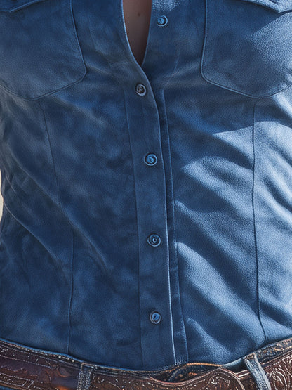 Western-style Retro Embroidered Blue Long-sleeved Faux Suede Shirt