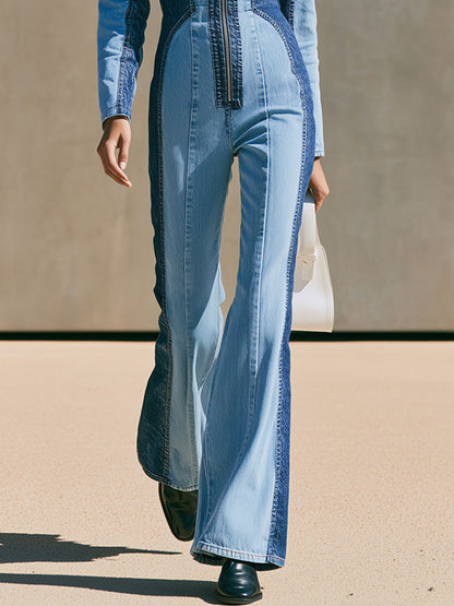 Casual Retro Color-blocked Denim Long-sleeved Zippered Flared Jumpsuit