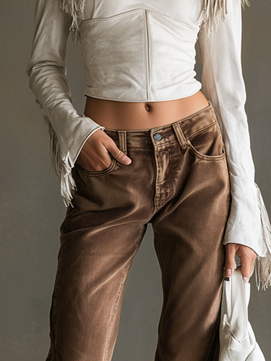 Casual Retro Zipper Chocolate-colored Flared Jeans