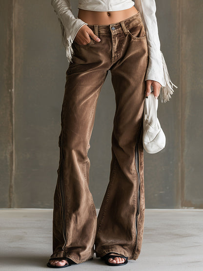 Casual Retro Zipper Chocolate-colored Flared Jeans