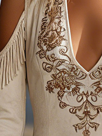 Western-style Retro Tassel Embroidered White Long-sleeved Off-shoulder Faux Suede Mini Dress
