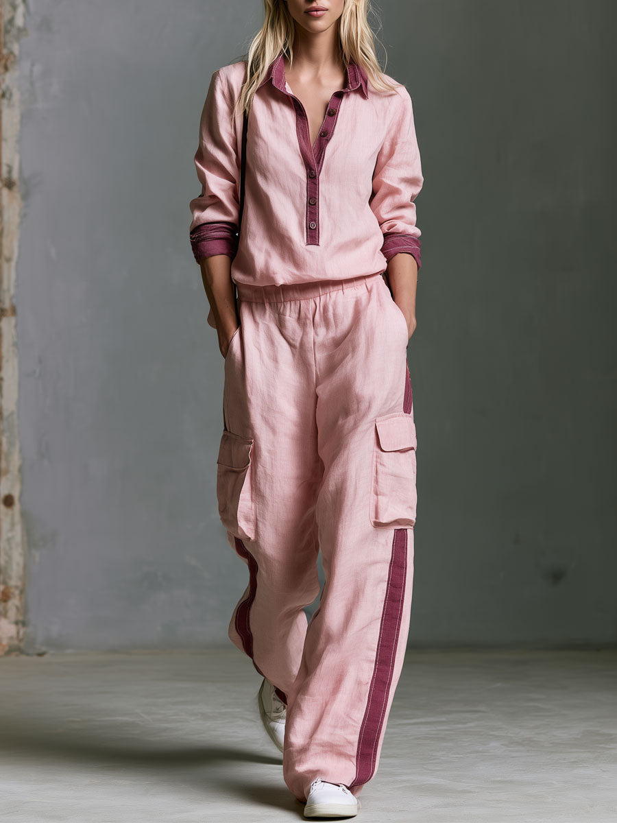 Retro Casual Color-blocked Pink Cotton-linen Shirt And Trousers Set