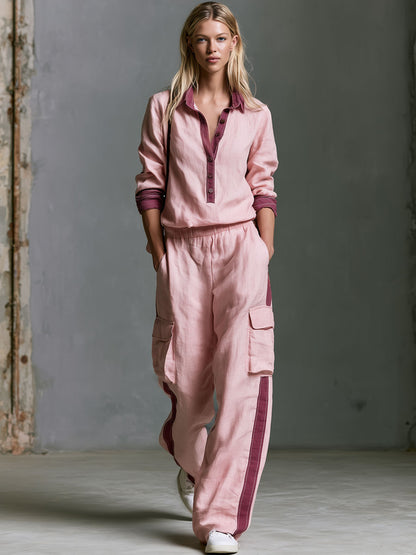Retro Casual Color-blocked Pink Cotton-linen Shirt And Trousers Set
