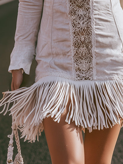 Vintage Western-style Lace-trim White Faux-suede Fringe Long-sleeve Mini Dress
