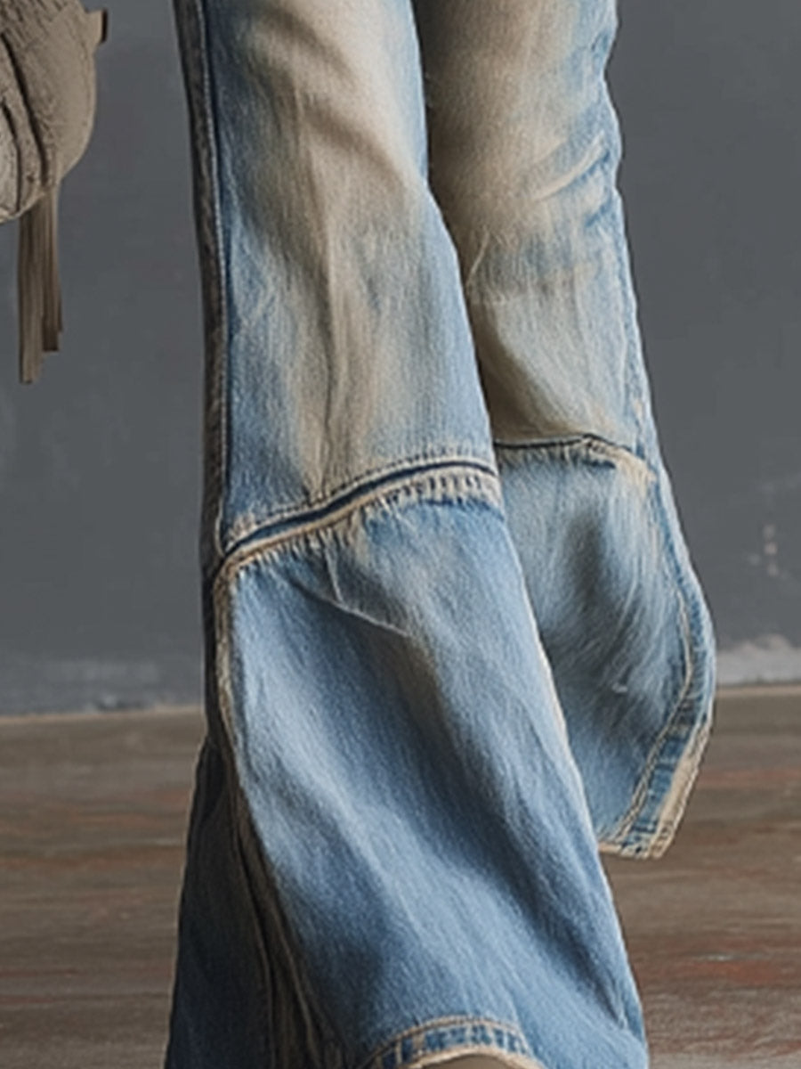 Versatile Vintage-style Distressed Blue Flared Jeans