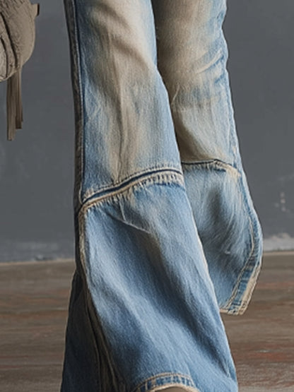 Versatile Vintage-style Distressed Blue Flared Jeans