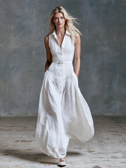 Elegant And Refined Collared Design White Pleated Cotton-linen Sleeveless Maxi Dress