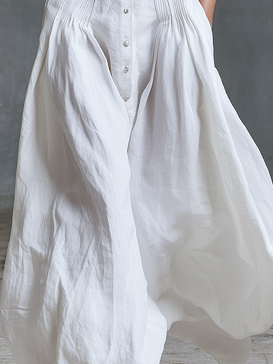 Elegant And Refined Collared Design White Pleated Cotton-linen Sleeveless Maxi Dress