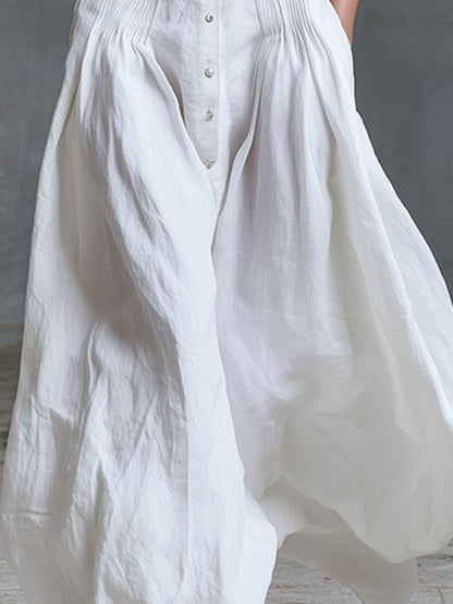 Elegant And Refined Collared Design White Pleated Cotton-linen Sleeveless Maxi Dress