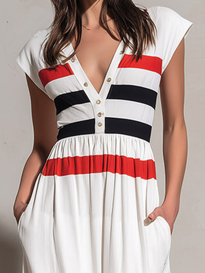 Retro Casual Everyday Color-Block White Wide-Shoulder Cotton Maxi Dress