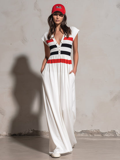 Retro Casual Everyday Color-Block White Wide-Shoulder Cotton Maxi Dress