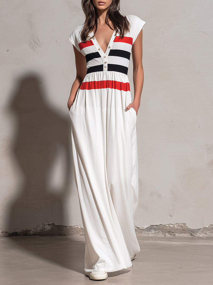 Retro Casual Everyday Color-Block White Wide-Shoulder Cotton Maxi Dress