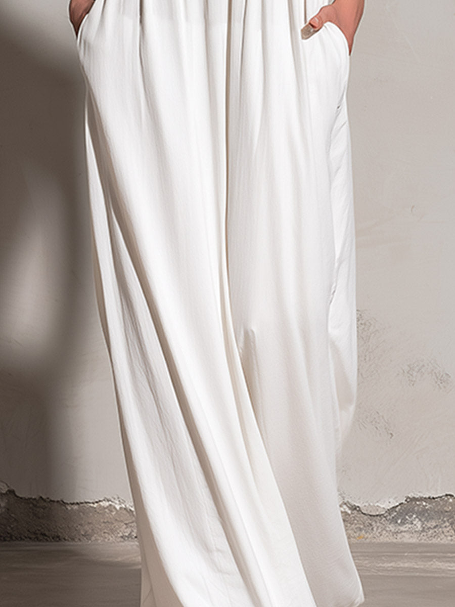 Retro Casual Everyday Color-Block White Wide-Shoulder Cotton Maxi Dress