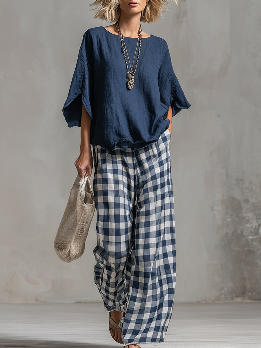 Elegant &amp; Casual Blue Boxy T-Shirt And Plaid Trousers Cotton-Linen Set