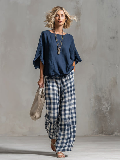 Elegant &amp; Casual Blue Boxy T-Shirt And Plaid Trousers Cotton-Linen Set