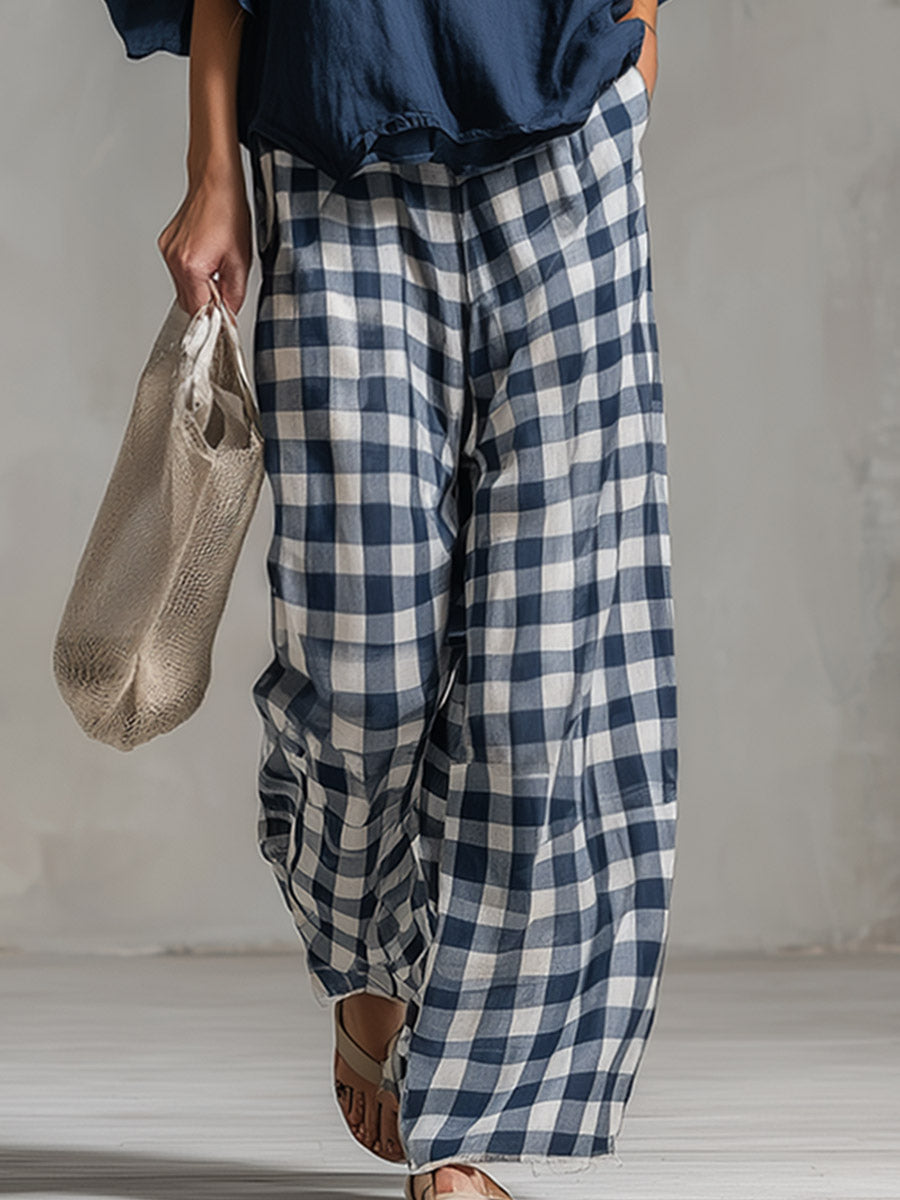 Elegant &amp; Casual Blue Boxy T-Shirt And Plaid Trousers Cotton-Linen Set