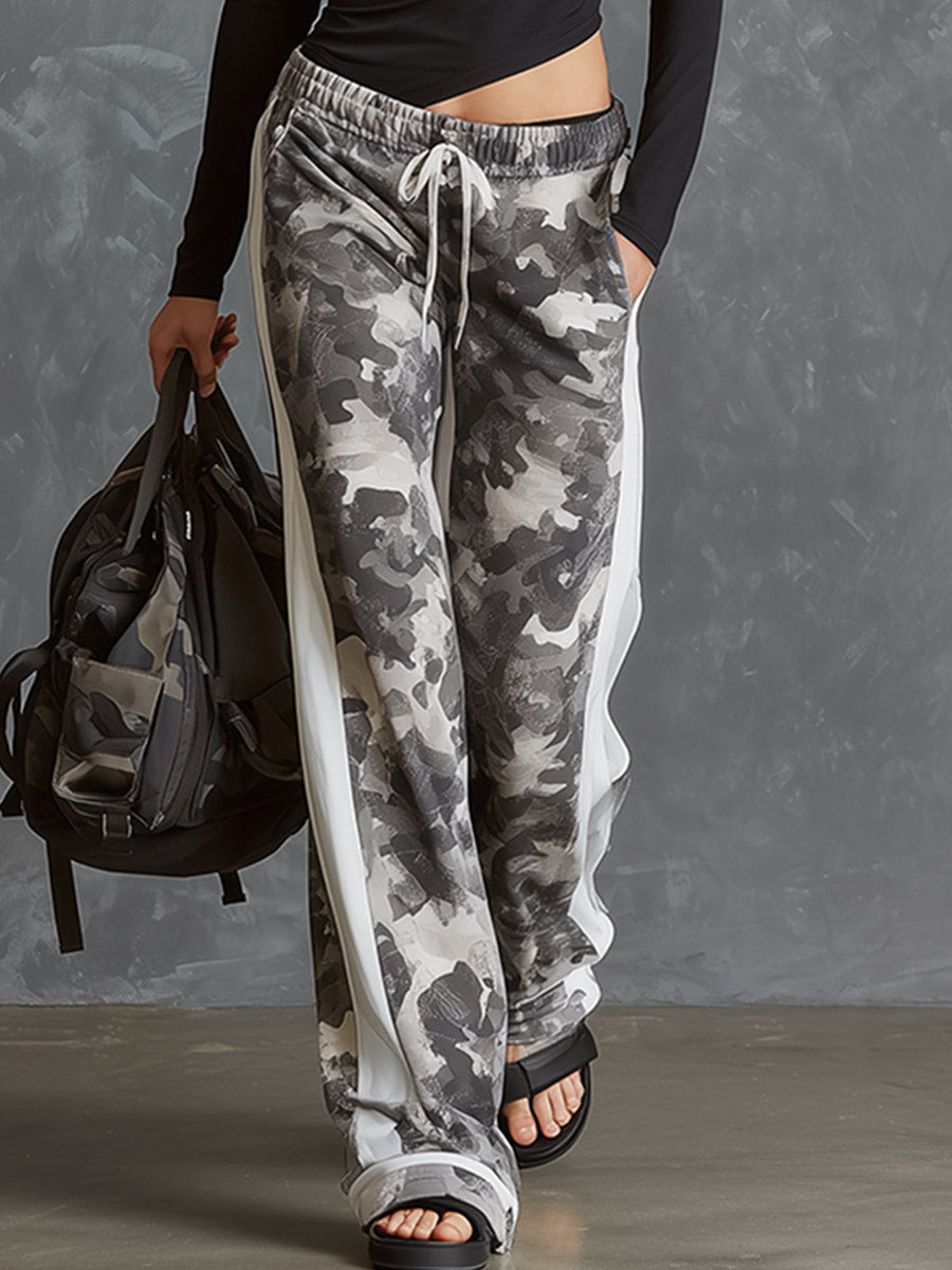 Chic Athleisure Black Slim-Fit Top &amp; Camouflage Wide-Leg Pants Cotton Set