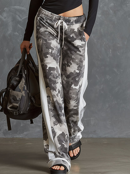 Chic Athleisure Black Slim-Fit Top &amp; Camouflage Wide-Leg Pants Cotton Set