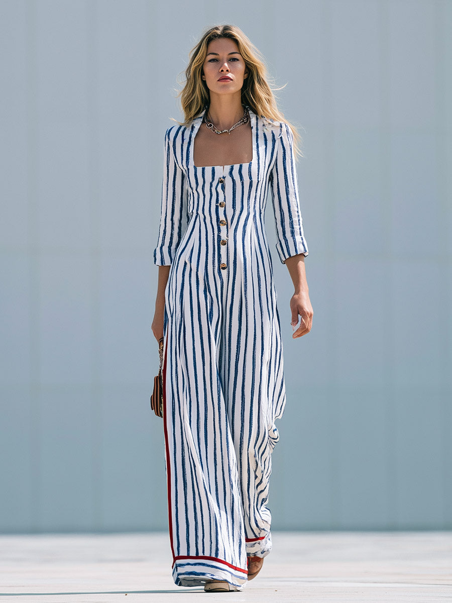 Elegant Urban Blue Striped Square-Neck Cotton-Linen Long-Sleeve Jumpsuit