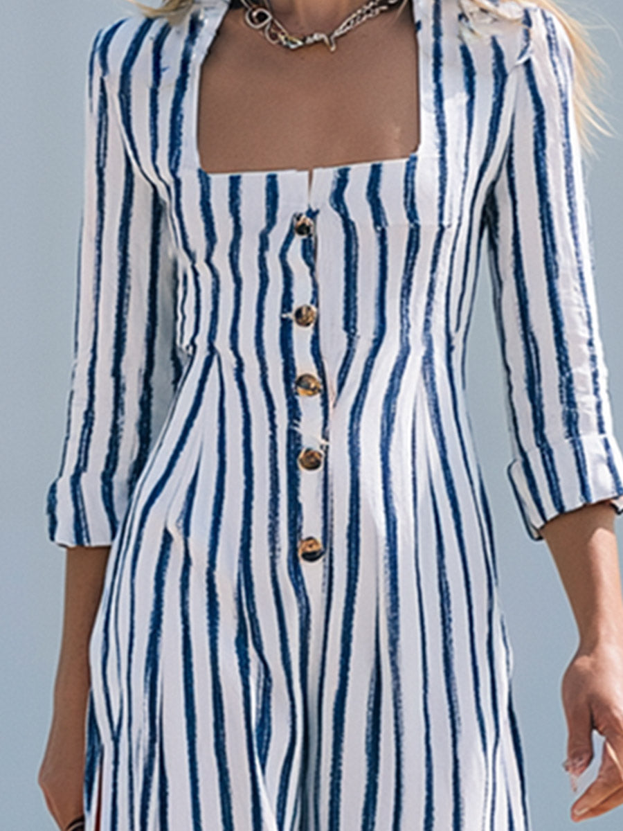 Elegant Urban Blue Striped Square-Neck Cotton-Linen Long-Sleeve Jumpsuit