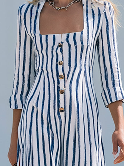 Elegant Urban Blue Striped Square-Neck Cotton-Linen Long-Sleeve Jumpsuit