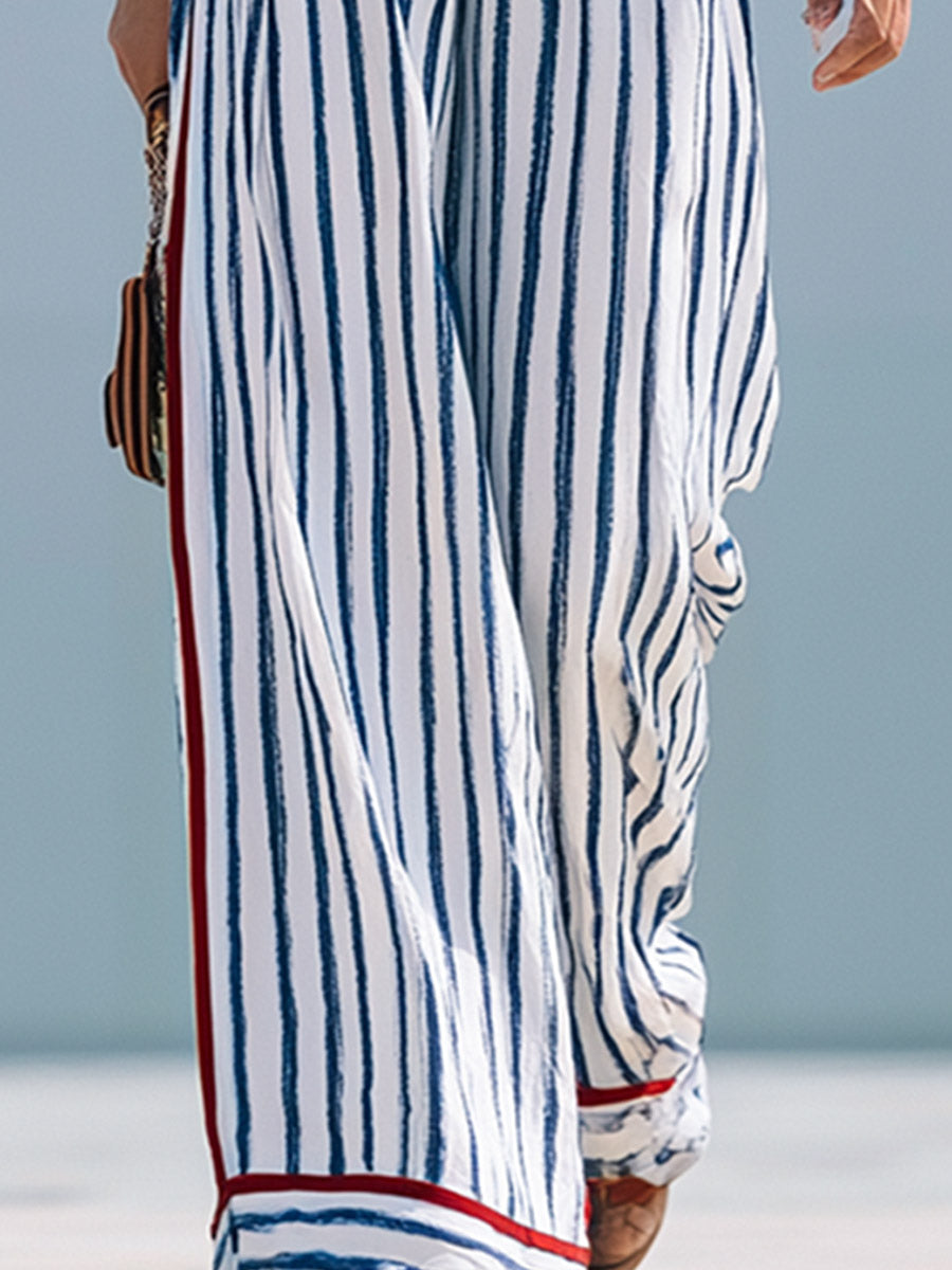 Elegant Urban Blue Striped Square-Neck Cotton-Linen Long-Sleeve Jumpsuit