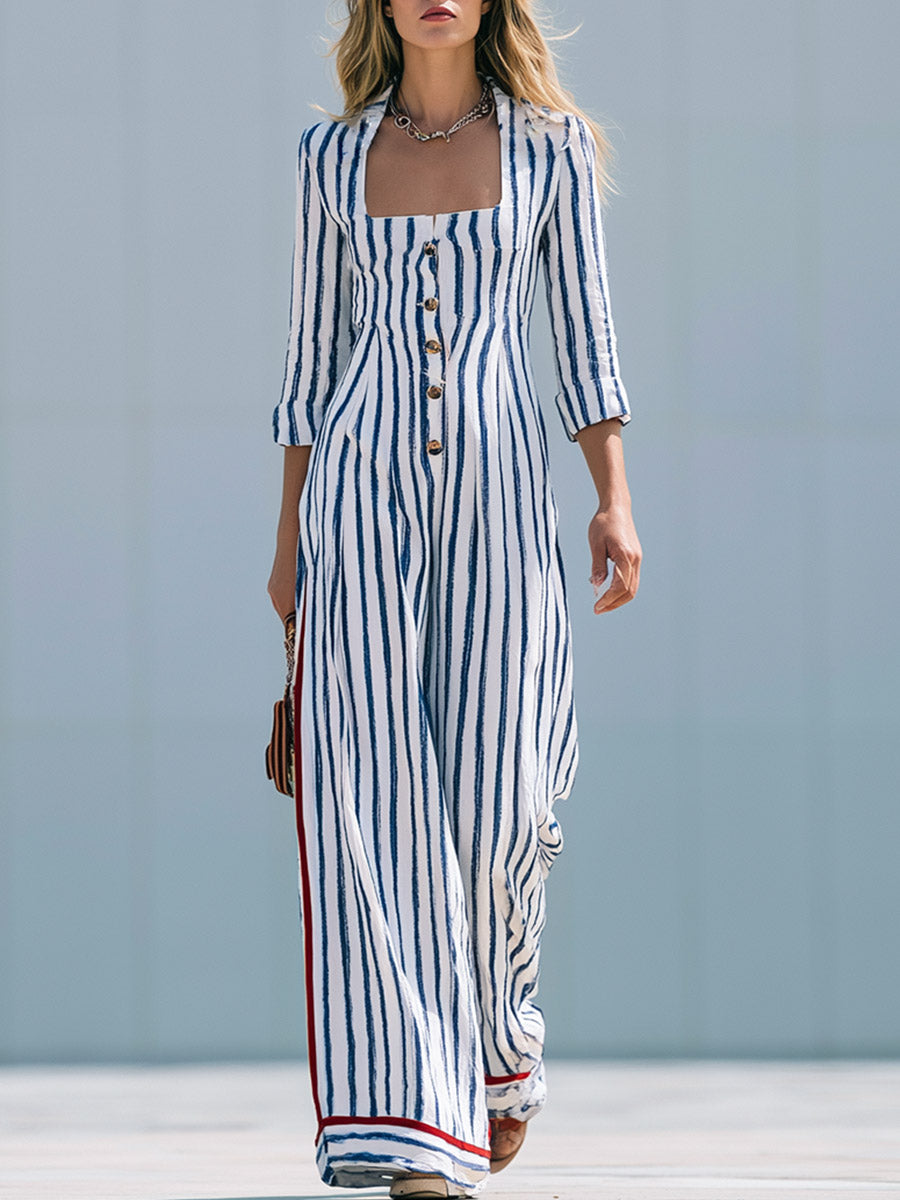 Elegant Urban Blue Striped Square-Neck Cotton-Linen Long-Sleeve Jumpsuit