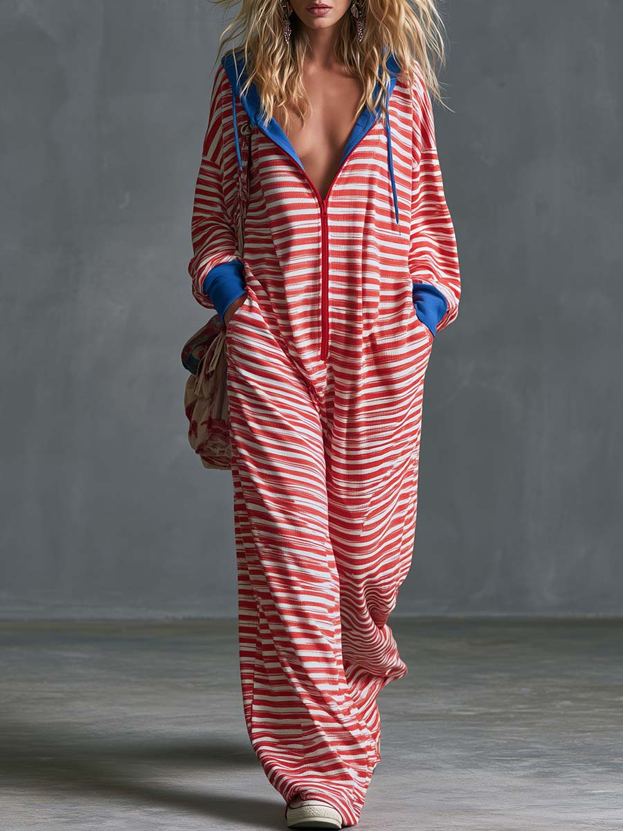 Lazy Athleisure Hooded Front-zip Red Striped Cotton Jumpsuit