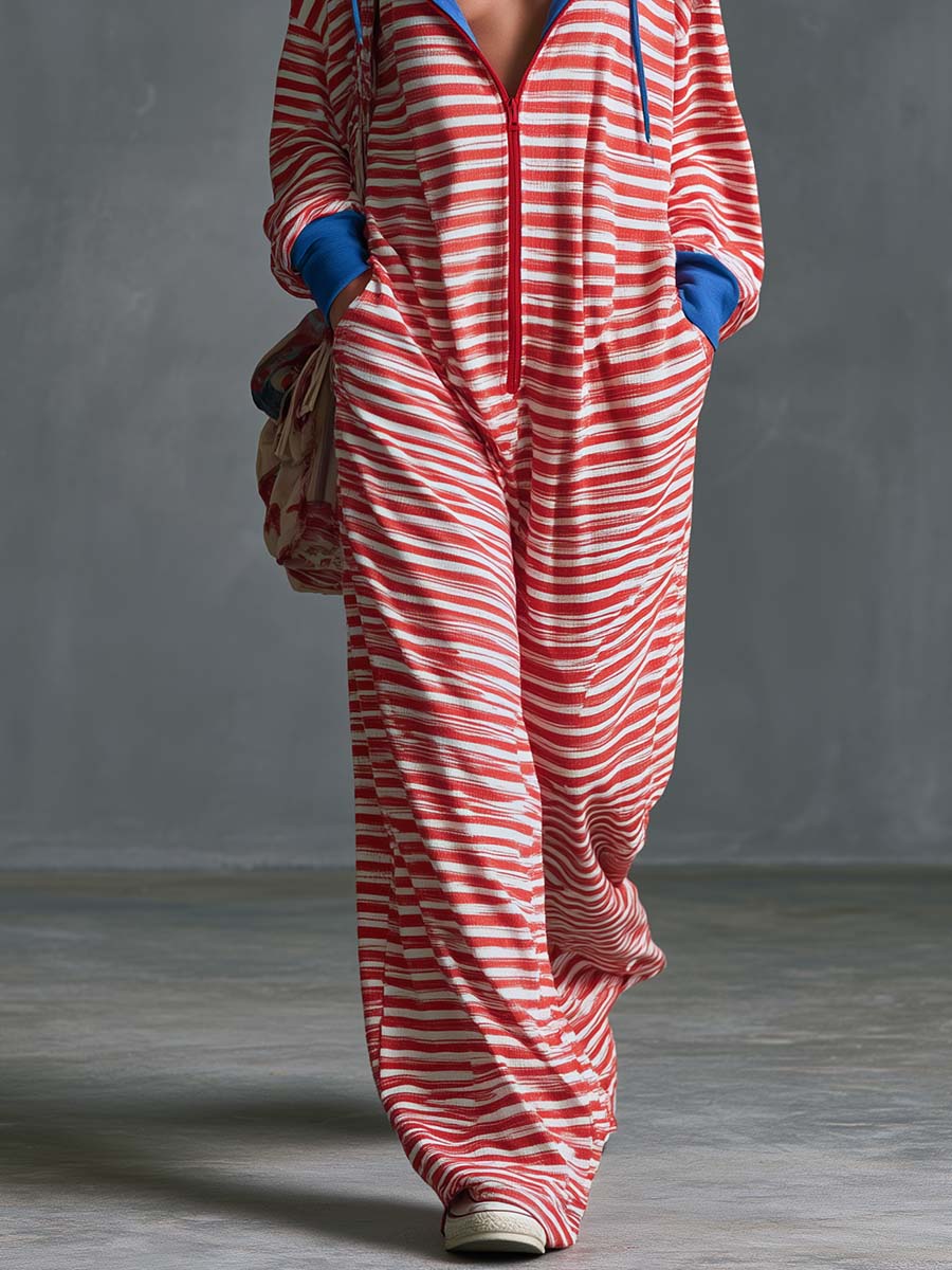 Lazy Athleisure Hooded Front-zip Red Striped Cotton Jumpsuit