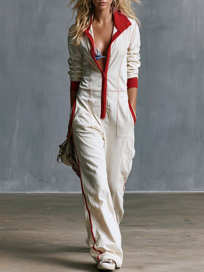 Retro Casual Color-block Collar Front Zip White Cotton Jumpsuit