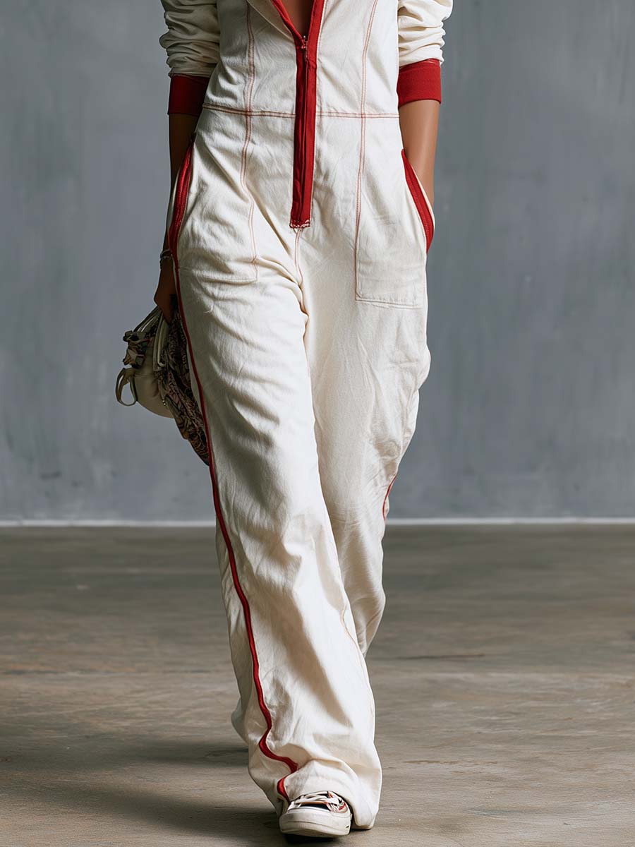 Retro Casual Color-block Collar Front Zip White Cotton Jumpsuit