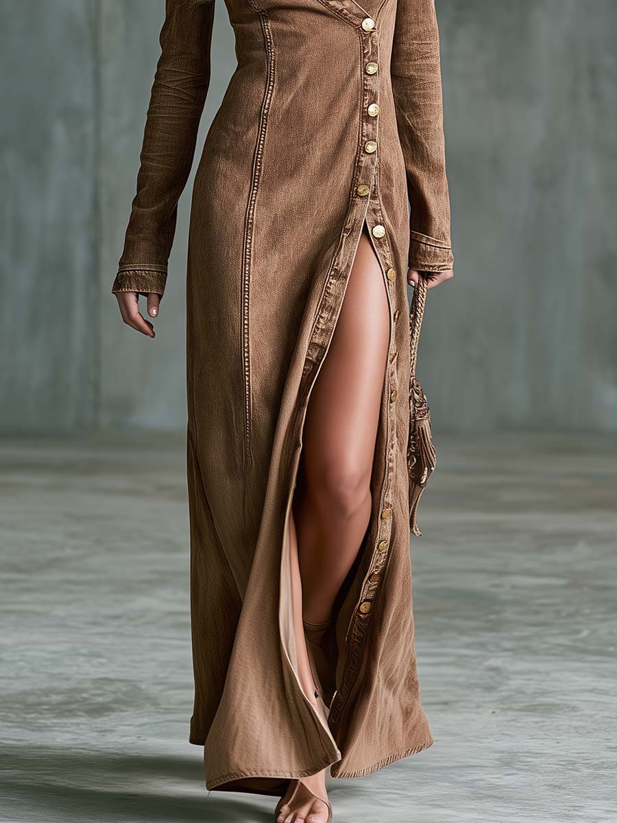 Vintage V-neck Single-breasted Side-slit Brown Denim Long-sleeved Maxi Dress