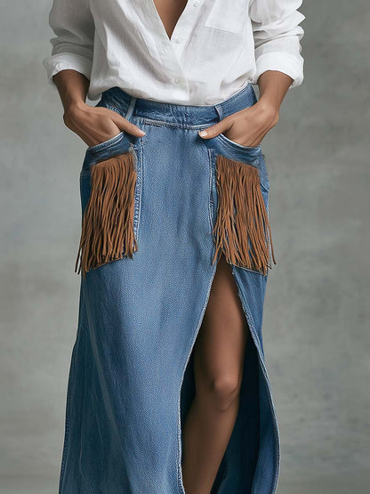 Versatile Fashion Urban Style Tassel Detailing Blue Denim Side Slits Maxi Skirt With