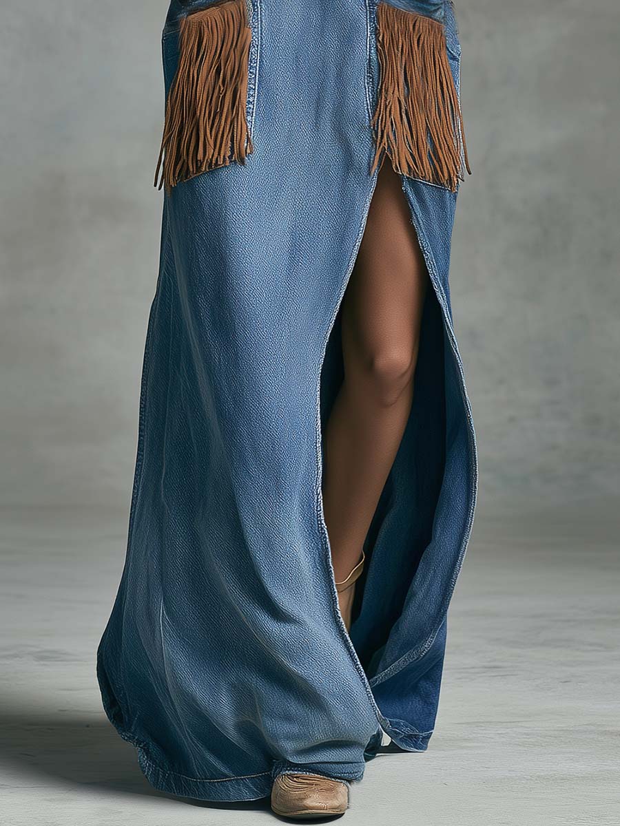 Versatile Fashion Urban Style Tassel Detailing Blue Denim Side Slits Maxi Skirt With