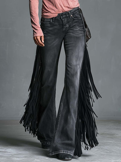 Versatile Personality Western Dark Gray Fringe Flared Jeans