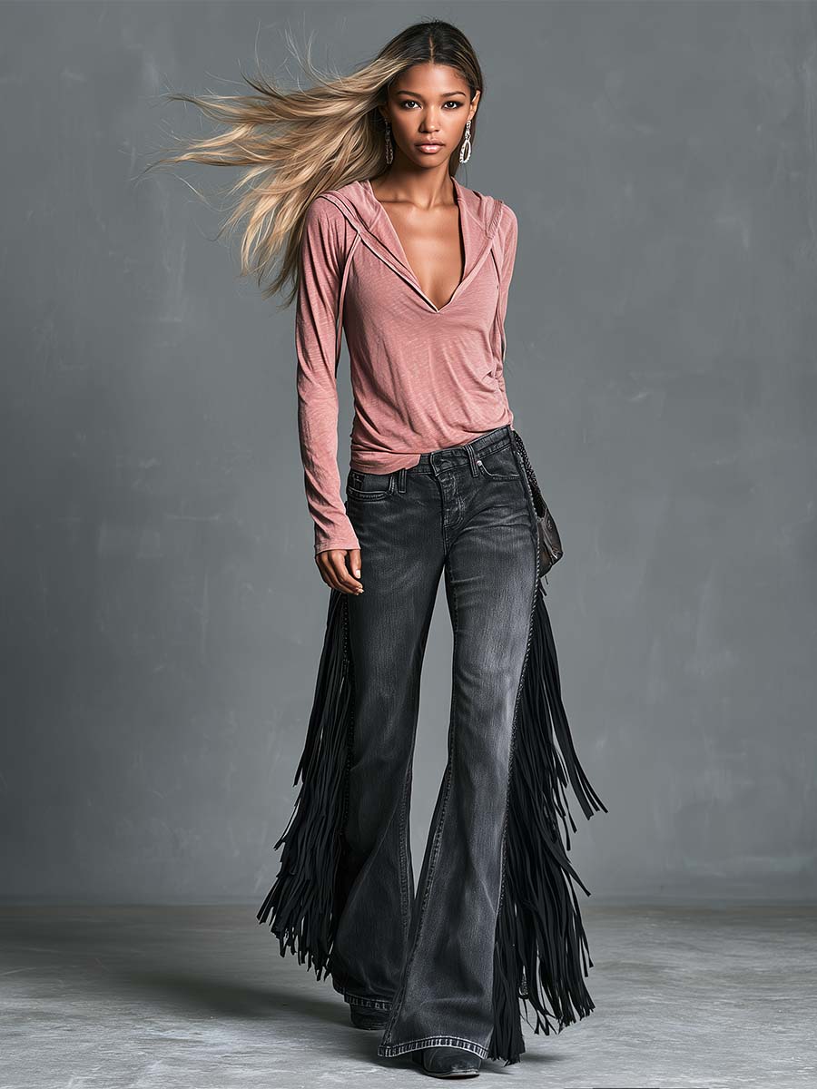 Versatile Personality Western Dark Gray Fringe Flared Jeans