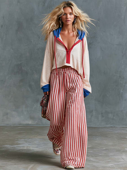 Retro Casual Beige Hoodie And A Red-striped Wide-leg Pants Set