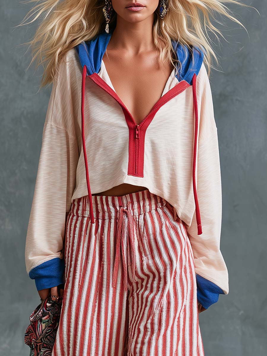 Retro Casual Beige Hoodie And A Red-striped Wide-leg Pants Set