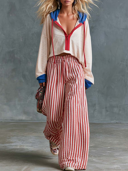 Retro Casual Beige Hoodie And A Red-striped Wide-leg Pants Set
