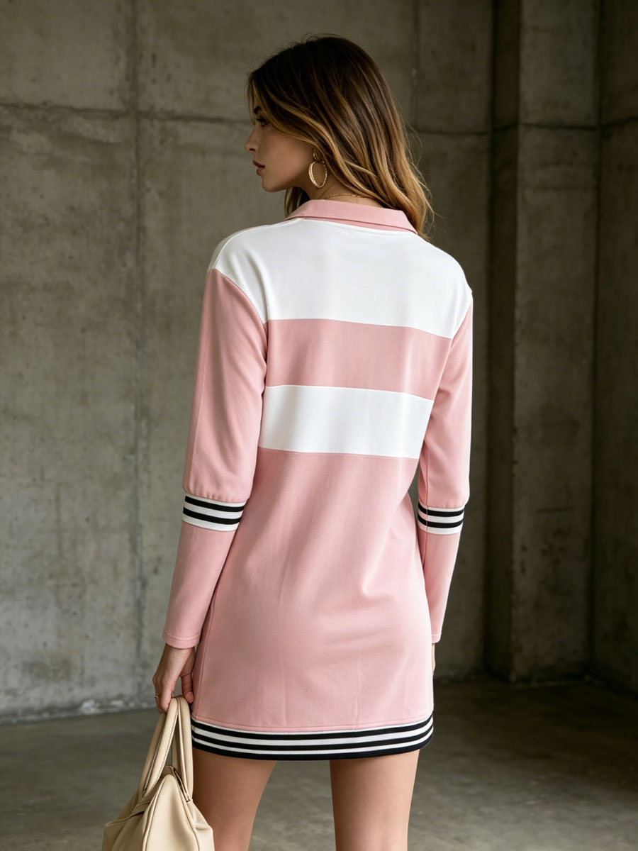 Casual Sporty Retro Striped Ribbed Pink Long-sleeved Mini Dress